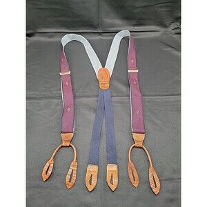Mens Cole Haan Button Suspenders Leather Tabs Blue/Maroon One Size Adjustable